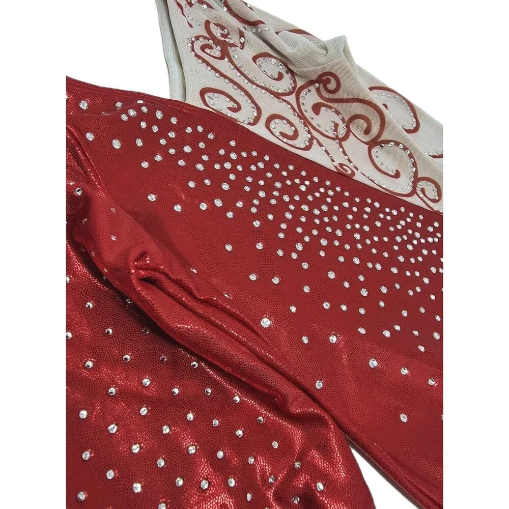 Ozone Competition Leotard Bling Vneck LS Size YL Youth Large NWOT Red 64650